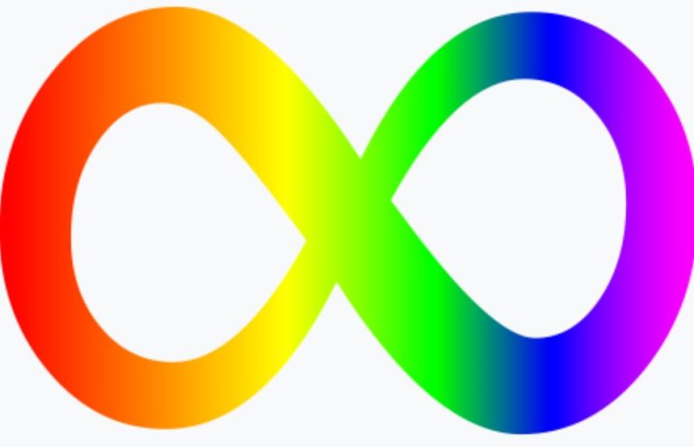 Das regenbogenfarbige Unendlichkeits-­zeichen repräsentiert sowohl die Vielfalt des Autismus-Spektrums als auch die größere Neurodiversitäts