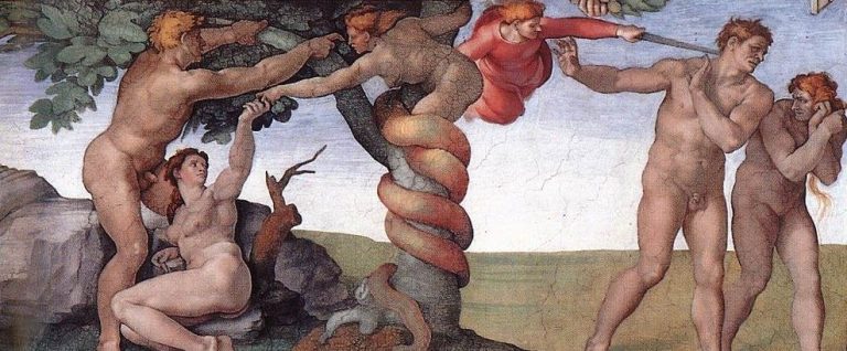 Der Sündenfall und die Vertreibung aus dem Paradies (Deckenfresko in der Sixtinischen Kapelle)
