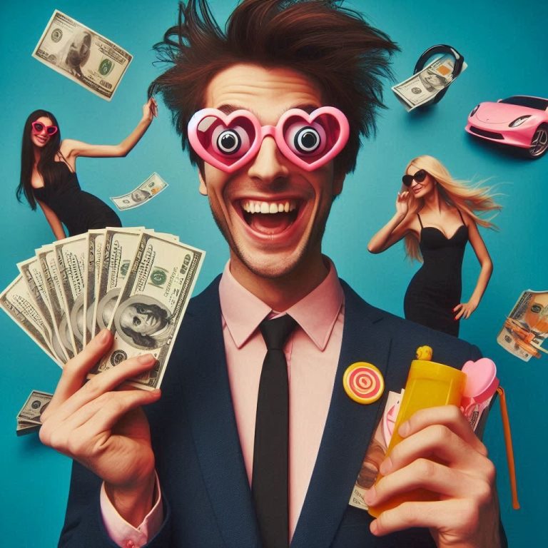 Lächelnder Mann mit Herz-Sonnenbrille, Geld, Süßigkeiten und Frauenfiguren im Hintergrund.